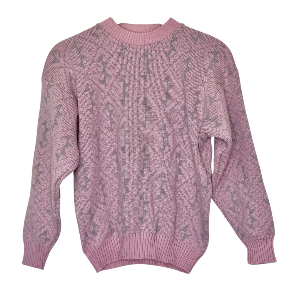 Vintage Jane Adams Acrylic Pullover Pink Gray Sweater Grannycore Size S/M
